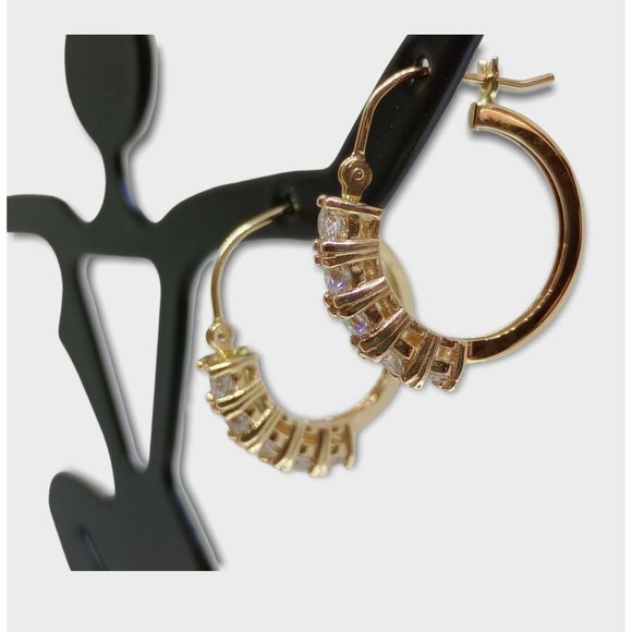 14k Yellow Gold Diamond Hoop Earrings Natural Round Brilliant Cut diamonds - Picture 3 of 10